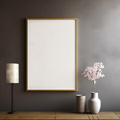 Gold poster frame mockup, moody zen minimalist interior