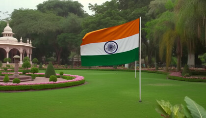 Indian flag symbolizes patriotism and triumph at national landmark golf course generated by AI