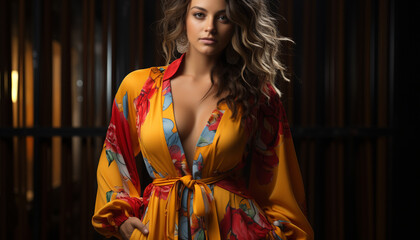 Fototapeta premium Beautiful woman in yellow dress exudes elegance generated by AI