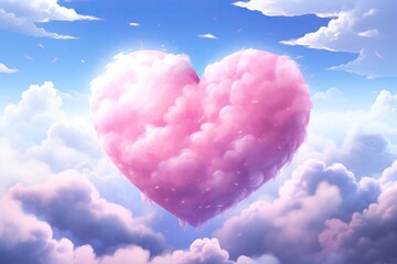 A vibrant illustration of pink heart-shaped clouds floating in a bright blue sky, symbolizing love and dreams