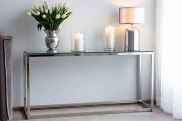 A glass top console table adds elegance to a modern entryway in cool gray tones