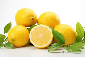  lemons with leaves on top of a white surface