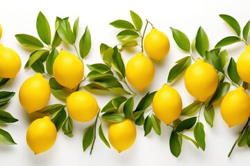 lemons on a white background with green leaves