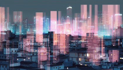 Fototapeta na wymiar Modern skyscraper illuminates city skyline in multi colored abstract pattern generated by AI