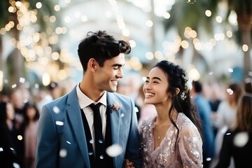 A joyous multicultural couple sharing a laugh amidst an enchanting evening sparkle