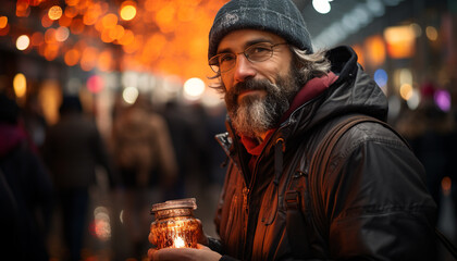 Smiling man in winter night, looking at camera generated by AI