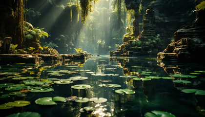 Tranquil scene of green forest reflects in pond generated by AI