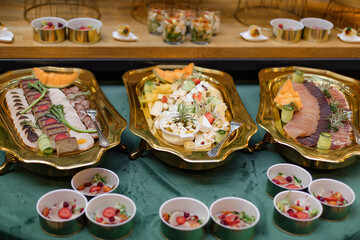 Catering plate. Assortment of various light snacks of meat, cheese, fish on buffet table. Enjoying. 