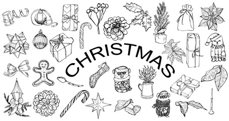Christmas elements vector ink set