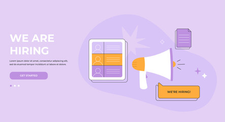 Hiring concept. Recruitment agency, candidate searching. Landing page template. Hand drawn vector illustration isolated on purple background, flat cartoon style.