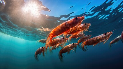 A group of shrimp swimming in the ocean. Generative AI.