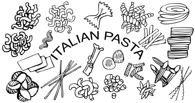 Set of Italian pasta varieties vector illustration ink 