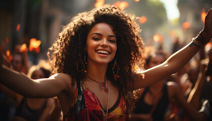 Smiling young women enjoying carefree summer nightlife generated by AI
