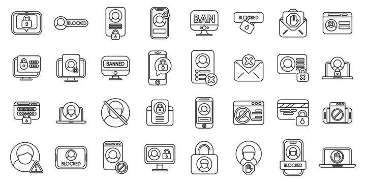 Account blocking icons set outline vector. Ban delete. Block atm bank