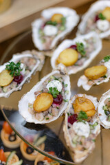 Close-up of cooked oysters with sauce, herbs and cucumber in separate sink on glass tray. Seafood. 