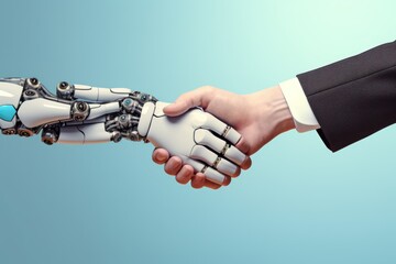 Robot handshake technology, artificial intelligence hand shake, futuristic implant, artifical limb, humanoid robot community, greeting, coming together, generative AI, JPG