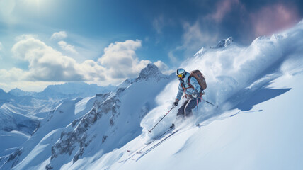 Naklejka na ściany i meble Mountain Solitude: Man Skiing Alone in Nature