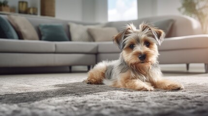 close-up portrait of a cute dog peacefully lying on a gray floor carpet in a modern living room, a warm and inviting atmosphere with free copy space.