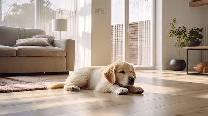 close-up portrait of a cute dog peacefully lying on a gray floor carpet in a modern living room, a warm and inviting atmosphere with free copy space.