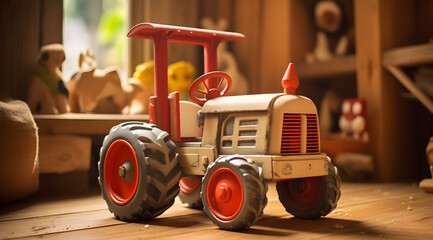 Vintage red toy tractor among other toys in a playroom.