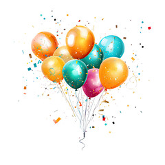 Birthday Joy with Air Balloons and Glittering Confetti, Festive Atmosphere, isolated on white