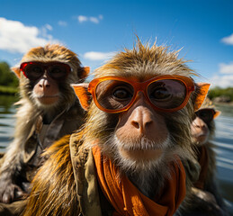 A Playful Troupe of Monkeys Perched on a Colorful Boat