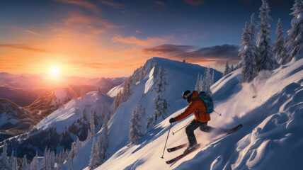 Lone Skier Descending Snowy Slopes at Sunrise - obrazy, fototapety, plakaty