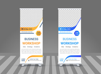 Minimalist corporate rollup banner design , business roll banner design layout, commercials banners mockup, colorful marketing pull up advertisement retractable  banner design in illustrator