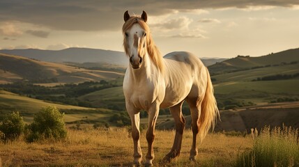 A white horse standing on top of a grass covered field. Generative AI. - Powered by Adobe