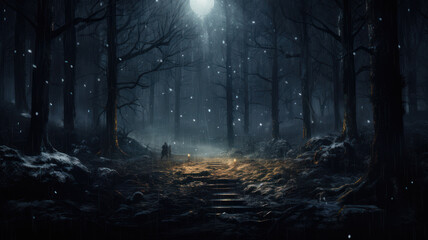 Snowy Woods in the Winter Darkness