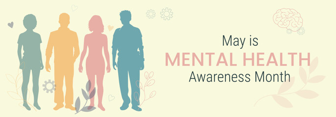 Banner for Mental Health Awareness Month in May. Multi-colored silhouettes of people on a light background