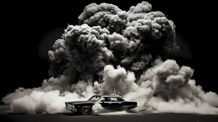 black and white image of a black car, in an explosion of smoke, on a black background	