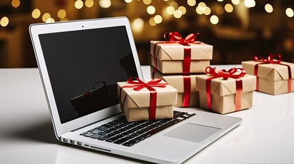 Laptop with Christmas gifts, empty screen, online festive shippping