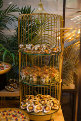 Variety of light snacks, aperitifs on buffet table in restaurant. Seafood. Healthy nutrition.