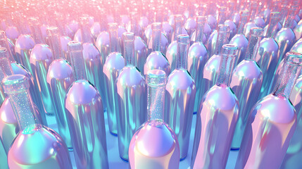 Bottles of champagne in a rainbow colored pattern 3d animated 3d rendering animation, in the style of light magenta and light aquamarine	
