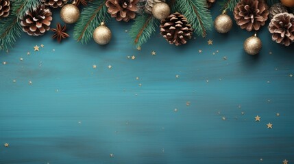 Christmas banner with flat tree branches adorned with pine cones and vintage wooden stars, a blue-toned background to enhance the holiday atmosphere.