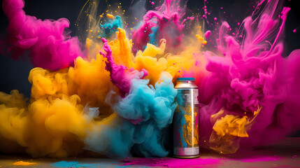 Pink aerosol can  with cloud of colored powders stock photo