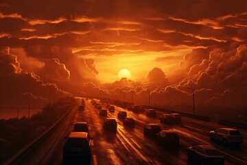 Roads with vehicles leading towards the sunset, depicting the concept of transit. Generative AI