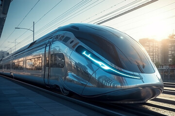 Fototapeta premium Experience the future with the sleek design and high speed power of a futuristic bullet train, blending innovation and speed. Ai generated