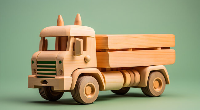 A handcrafted wooden toy truck on a plain background.