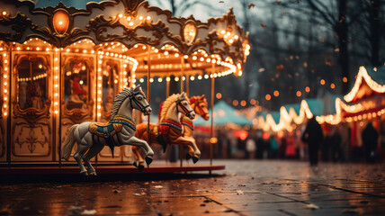Fototapeta premium Glowing Carousel in a Christmas Market Setting