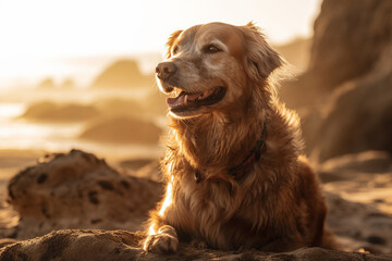 A joyful dog enjoying the sun and sea breeze, capturing the essence of pure relaxation on the beach. Ai generated