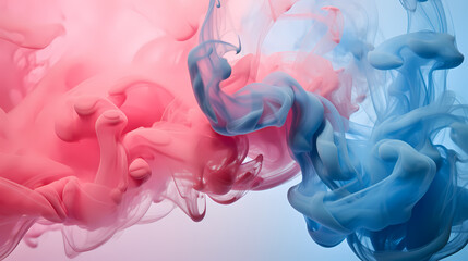 Puffs of pink smoke in front of a blue background stock photo, in the style of bold color blobs,...