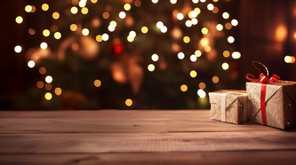 Fototapeta na wymiar wooden background with blurred christmas tree and gifts