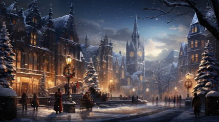 Fototapeta na wymiar Cozy Street Scene with Snowfall and Decorated Houses
