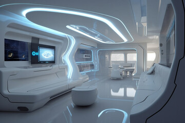 Step into the future with a visionary sci fi futuristic room blending cutting edge technology and sleek aesthetics, a perfect fusion of form and function. Ai generated