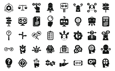 Making decisions icons set simple vector. Bias test decide. Identity chance find