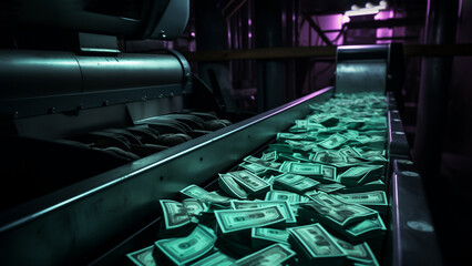 Machine Runs Down Conveyor With Stack Of Hundred Dollar Bills, Banknote. Print Press Money Machine. Finance, Stock Market ,tax Or Investment. Copy Space For Text. Ai Generated. Horizontal