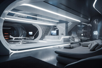 Step into the future with a visionary sci fi futuristic room blending cutting edge technology and sleek aesthetics, a perfect fusion of form and function. Ai generated