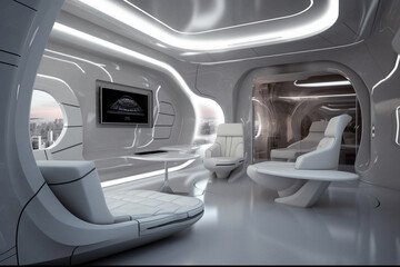 Step into the future with a visionary sci fi futuristic room blending cutting edge technology and sleek aesthetics, a perfect fusion of form and function. Ai generated